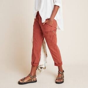 Anthropologie Angela Cropped Utility Cargo Pants Washed Brick Red Size 28